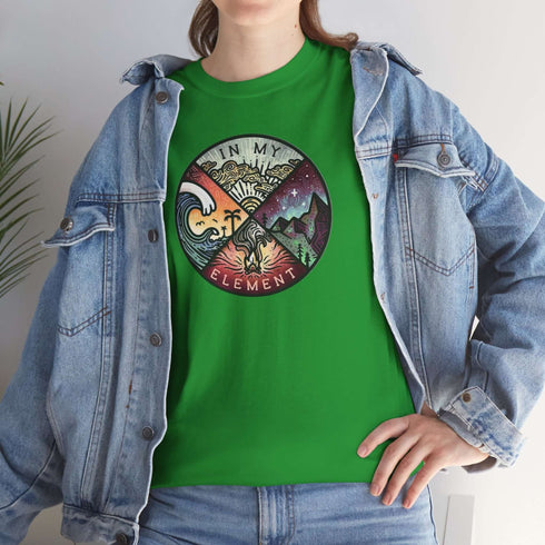 The In My Element t-shirt features a striking circular graphic representing the four classical elements—Fire, Water, Wind, and Earth.